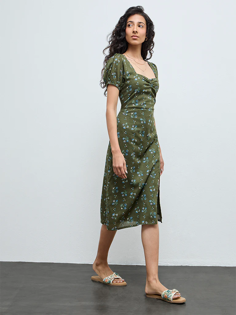 Bombay Paisley Olive Floral Cotton A-Line Dress - Image 2