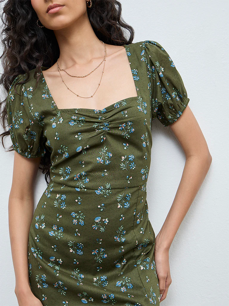 Bombay Paisley Olive Floral Cotton A-Line Dress - Image 3