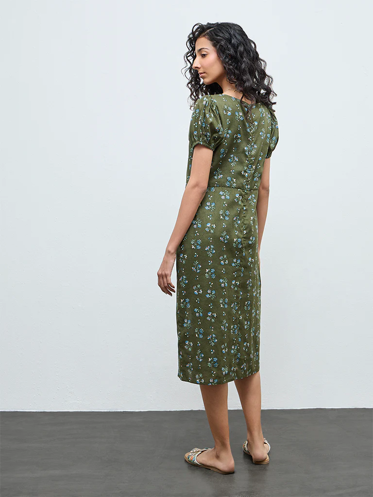 Bombay Paisley Olive Floral Cotton A-Line Dress - Image 4