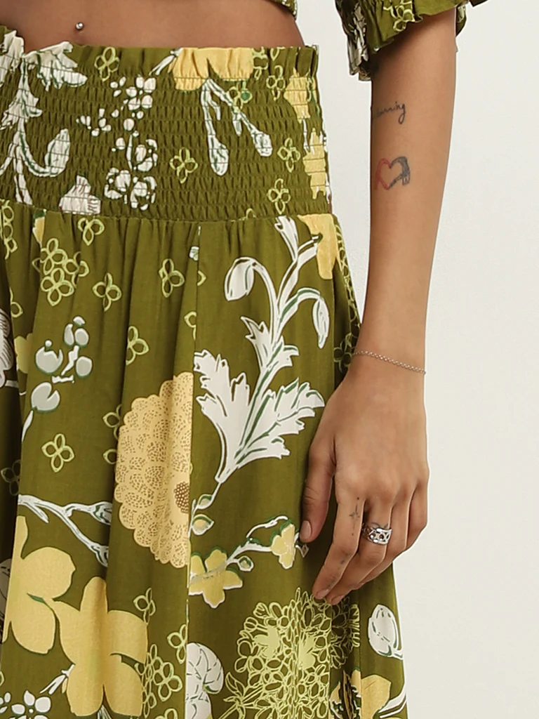 Bombay Paisley Olive Foliage Design High-Rise Skirt - Image 2