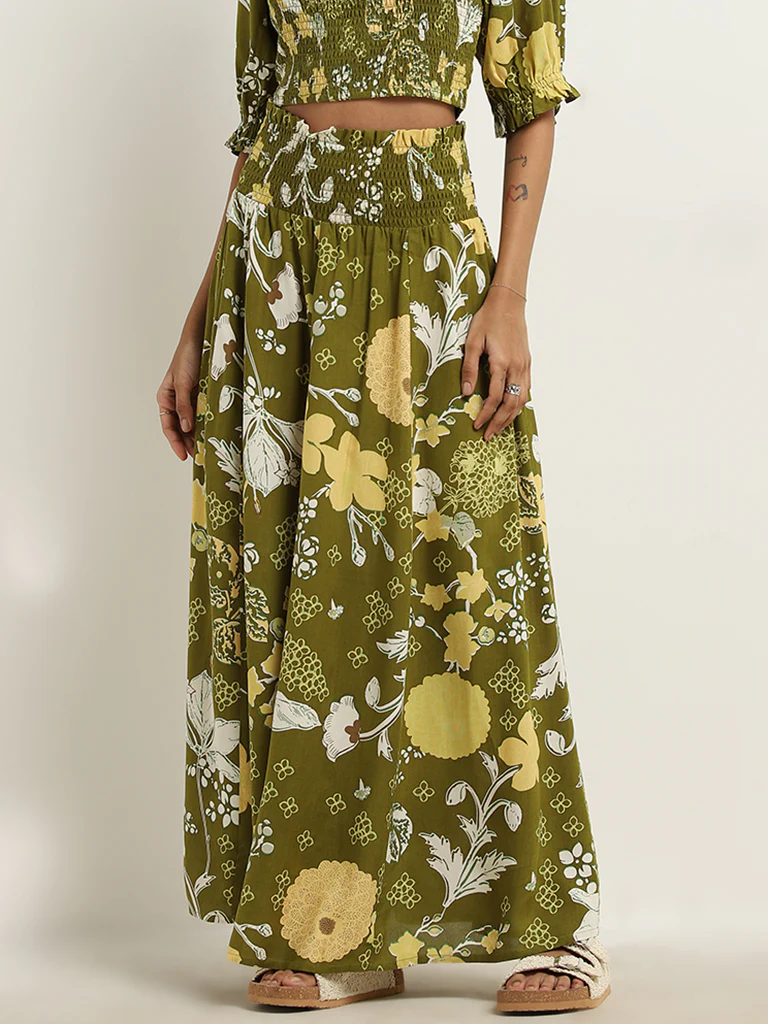 Bombay Paisley Olive Foliage Design High-Rise Skirt - Image 3