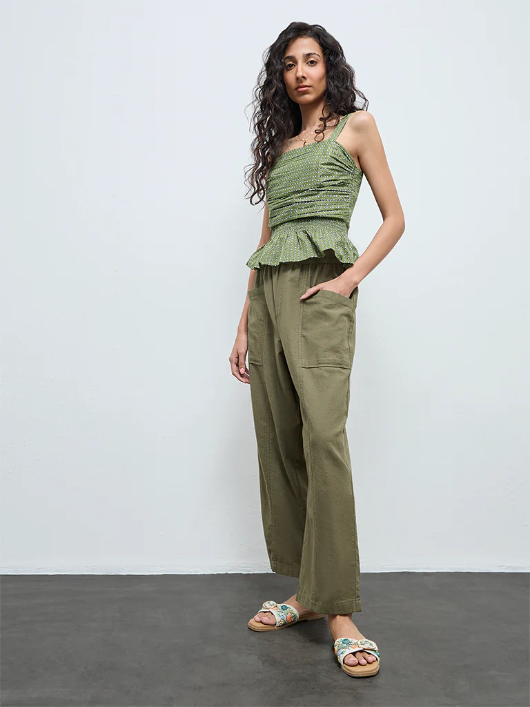 Bombay Paisley Olive Solid High-Rise Cotton-Blend Pants
