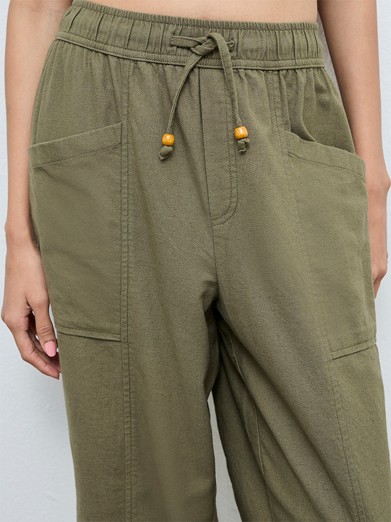 Bombay Paisley Olive Solid High-Rise Cotton-Blend Pants - Image 3