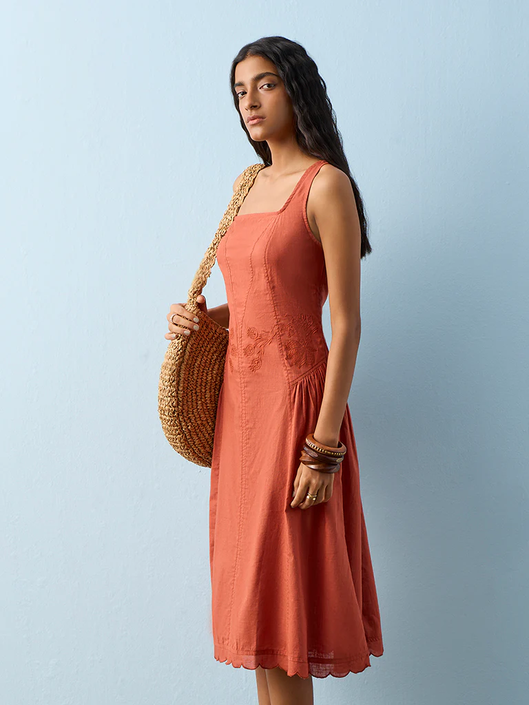 Bombay Paisley Orange Floral Embroidered Cotton A-Line Dress - Image 2