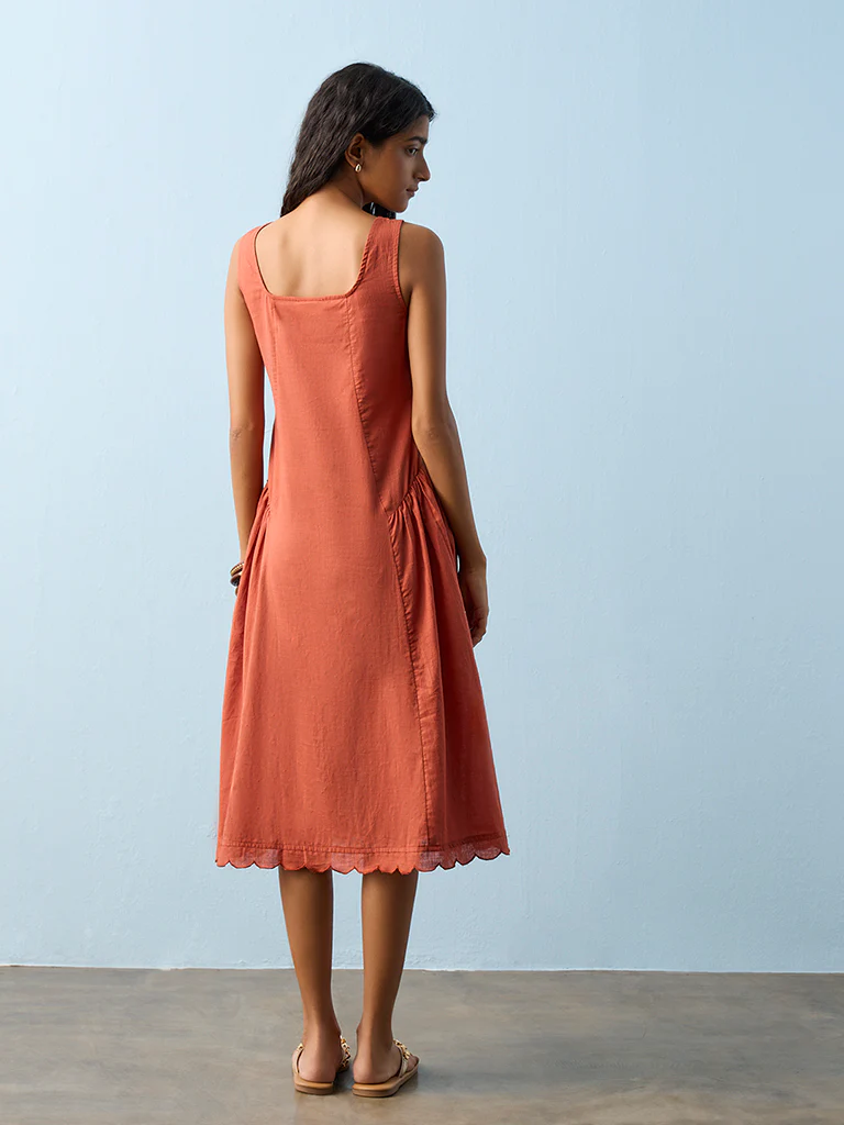Bombay Paisley Orange Floral Embroidered Cotton A-Line Dress - Image 4