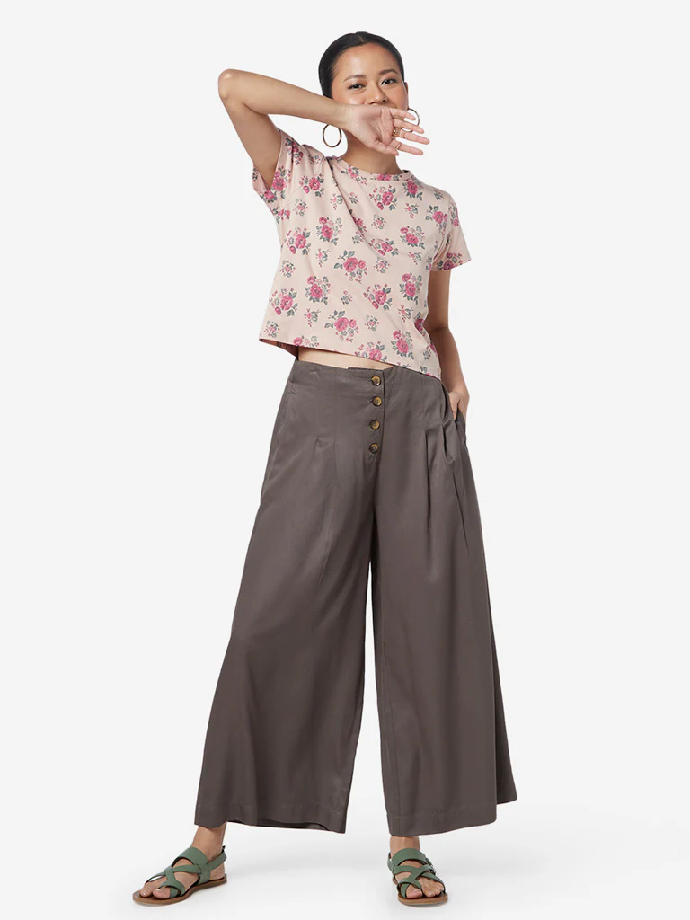 Bombay Paisley Peach Rose Print Cotton Crop-Top - Image 3