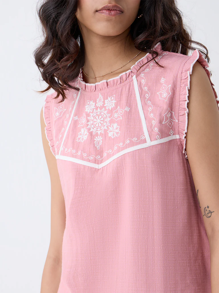 Bombay Paisley Pink Embroidered Cotton-Blend Top - Image 3