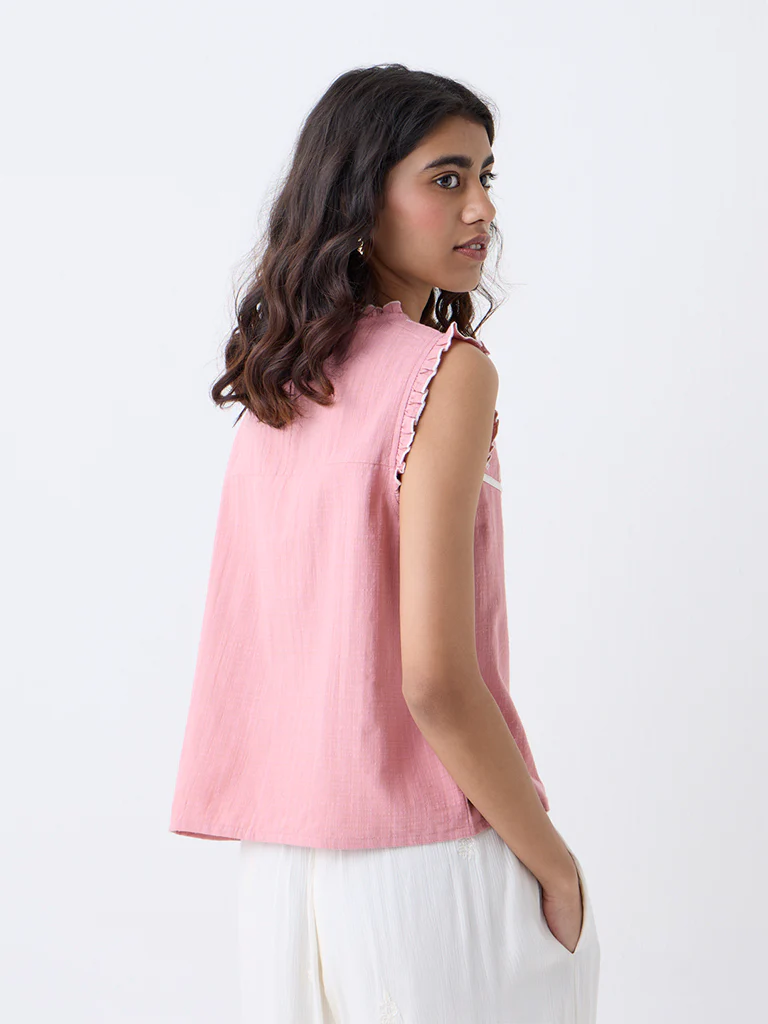 Bombay Paisley Pink Embroidered Cotton-Blend Top - Image 4