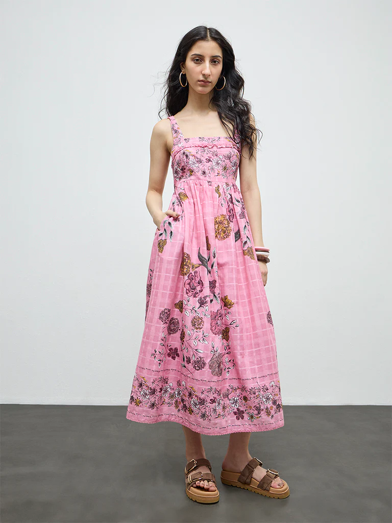 Bombay Paisley Pink Floral Pattern Cotton A-Line Dress - Image 2