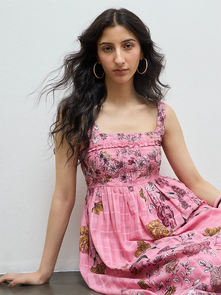 Bombay Paisley Pink Floral Pattern Cotton A-Line Dress - Image 3