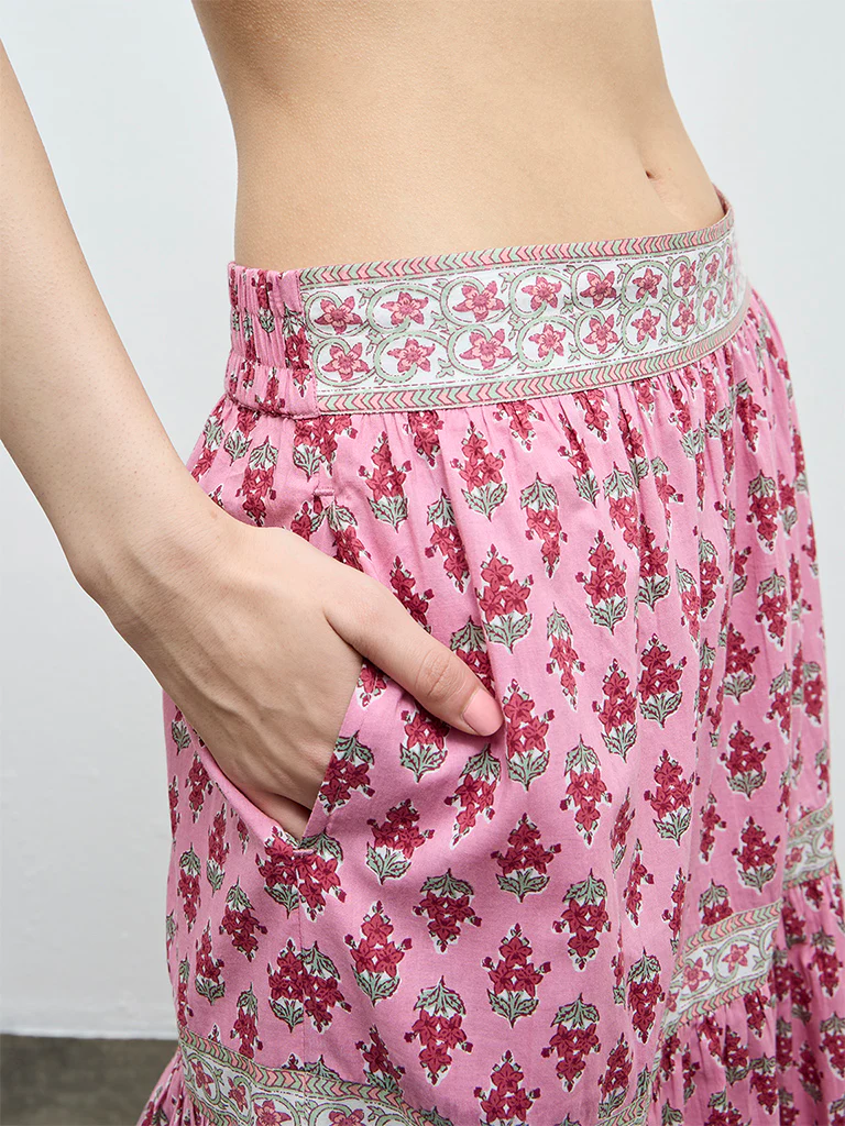 Bombay Paisley Pink Floral Pattern Cotton Maxi Skirt - Image 3
