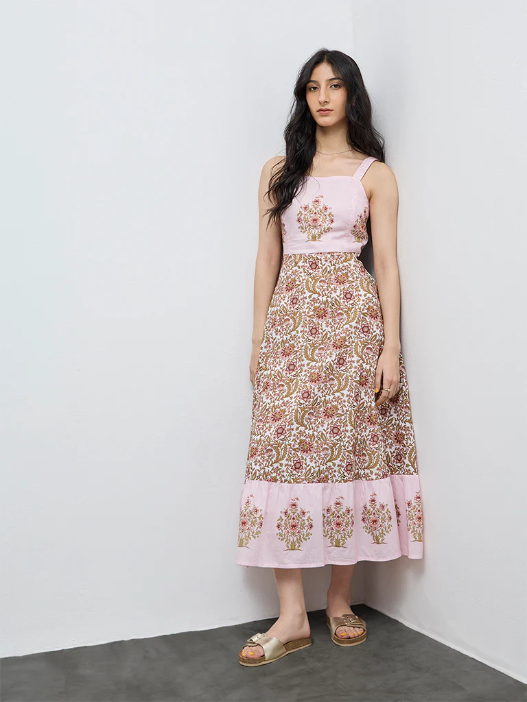 Bombay Paisley Pink Floral Printed Cotton A-Line Dress - Image 2