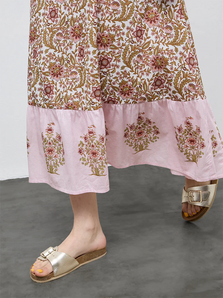 Bombay Paisley Pink Floral Printed Cotton A-Line Dress - Image 3