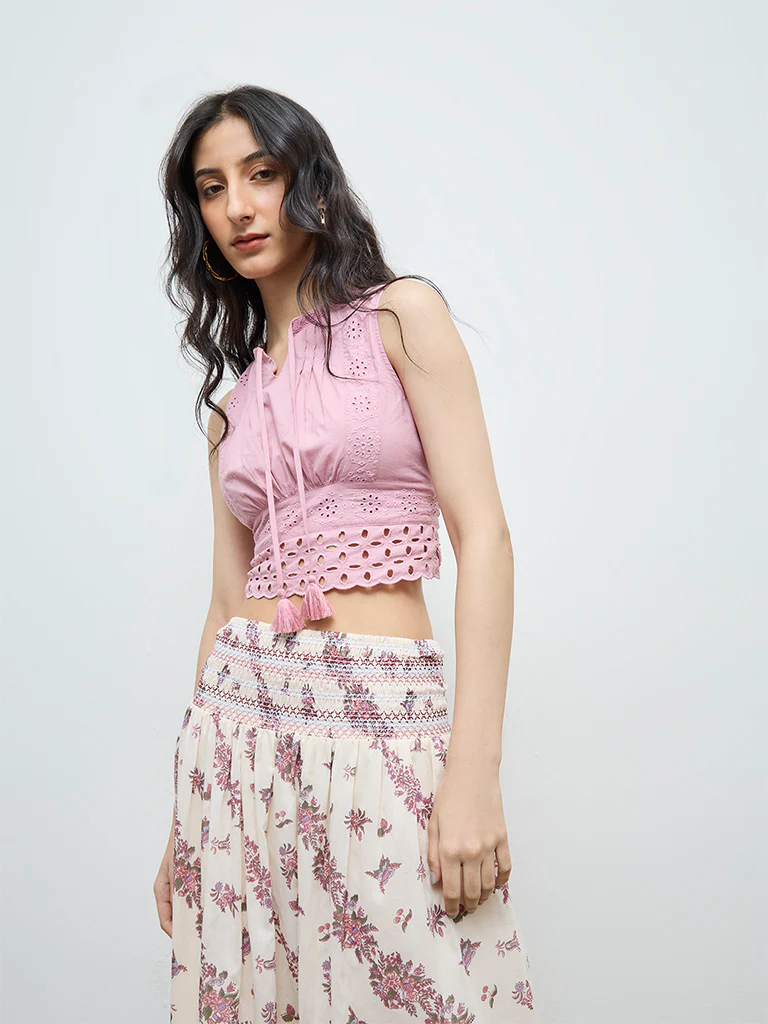 Bombay Paisley Pink Schiffli Embroidered Cotton Top