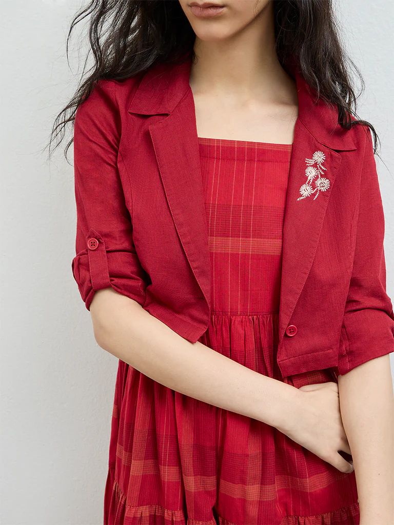 Bombay Paisley Red Checkered Cotton Tiered Dress with Jacket - Image 3