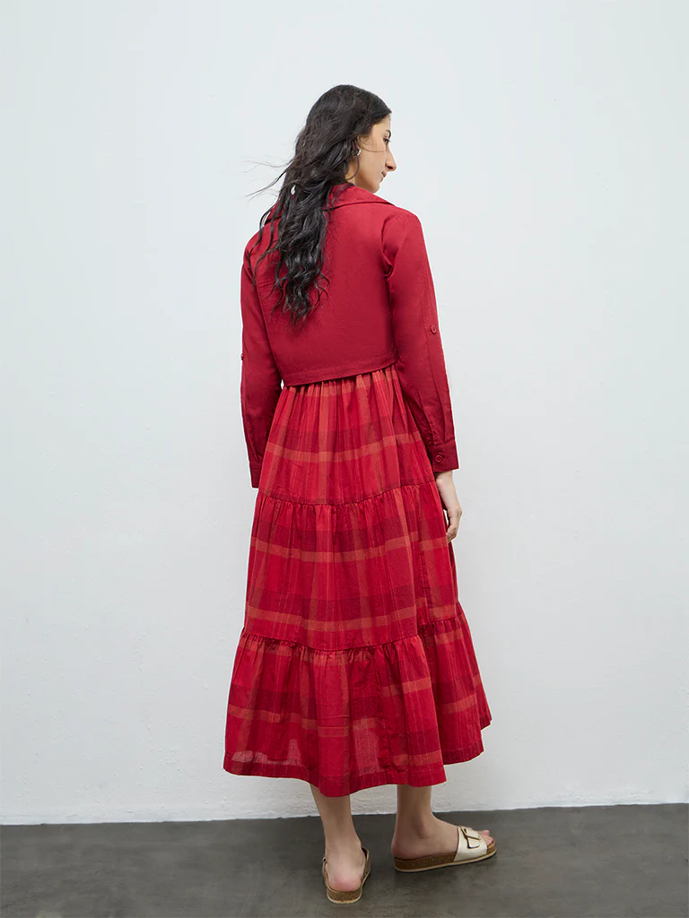 Bombay Paisley Red Checkered Cotton Tiered Dress with Jacket - Image 4