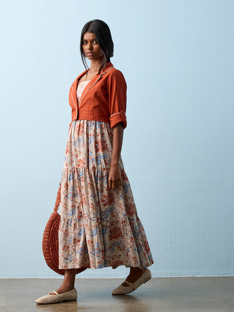 Bombay Paisley Red Cotton Tiered Dress with Jacket - Image 2