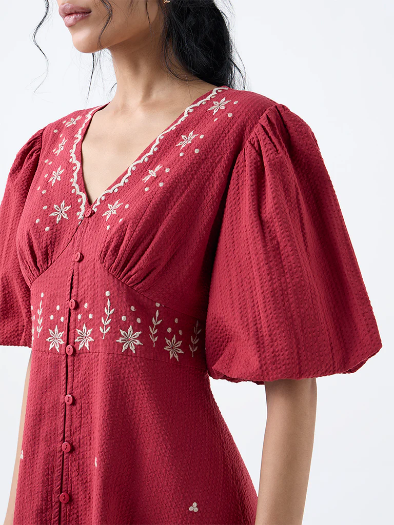 Bombay Paisley Red Embroidered Cotton A-Line Dress - Image 3