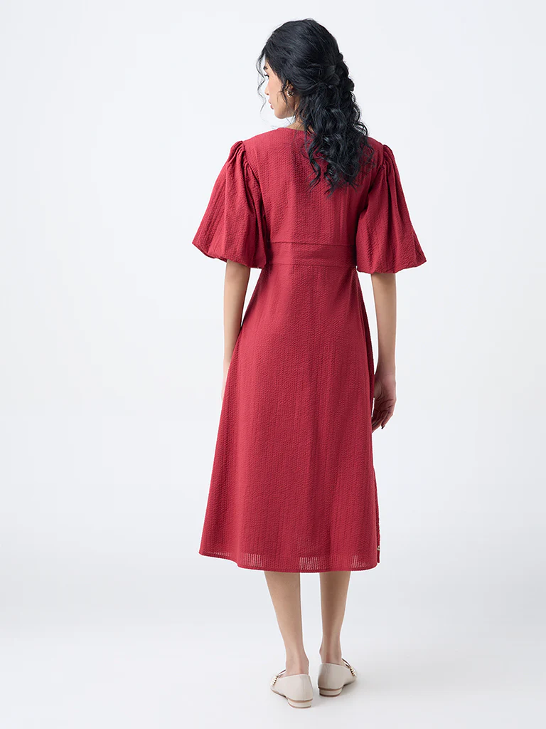 Bombay Paisley Red Embroidered Cotton A-Line Dress - Image 4