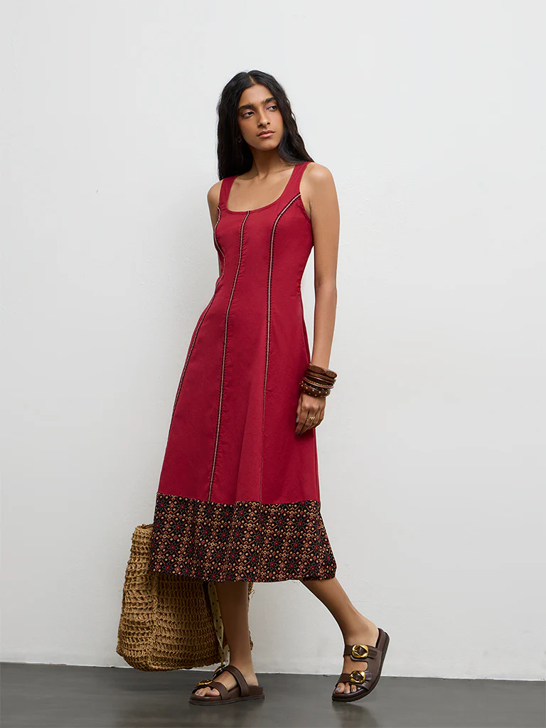 Bombay Paisley Red Embroidered Cotton-Blend A-Line Dress - Image 2