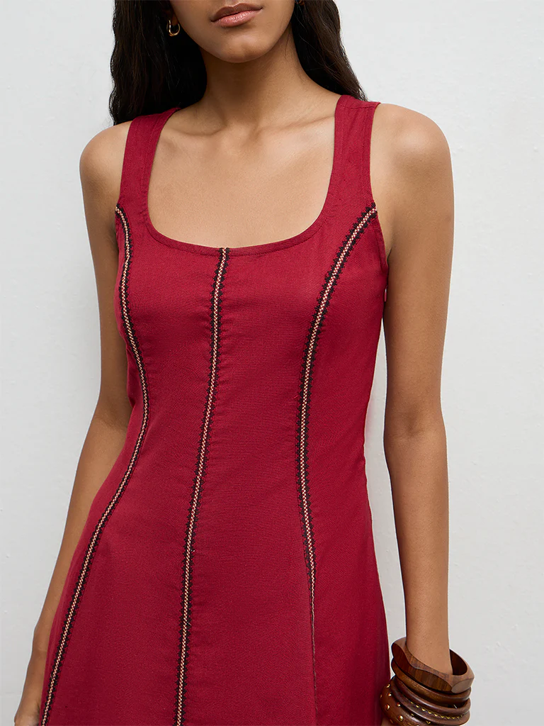 Bombay Paisley Red Embroidered Cotton-Blend A-Line Dress - Image 3