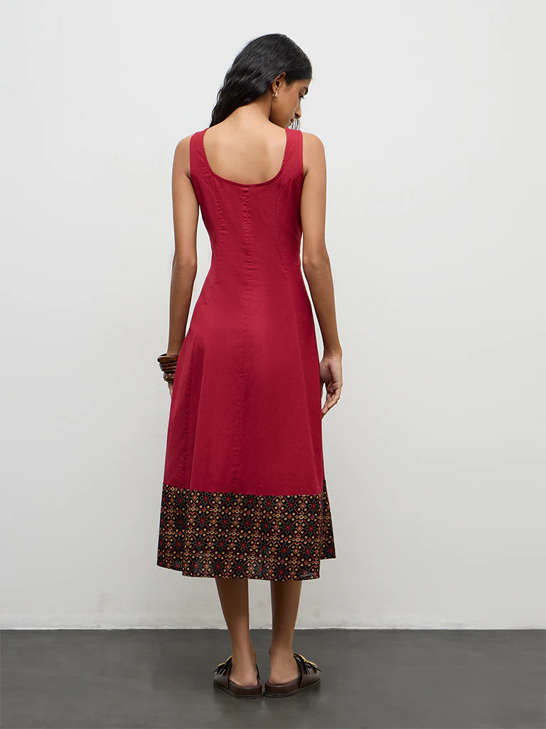 Bombay Paisley Red Embroidered Cotton-Blend A-Line Dress - Image 4