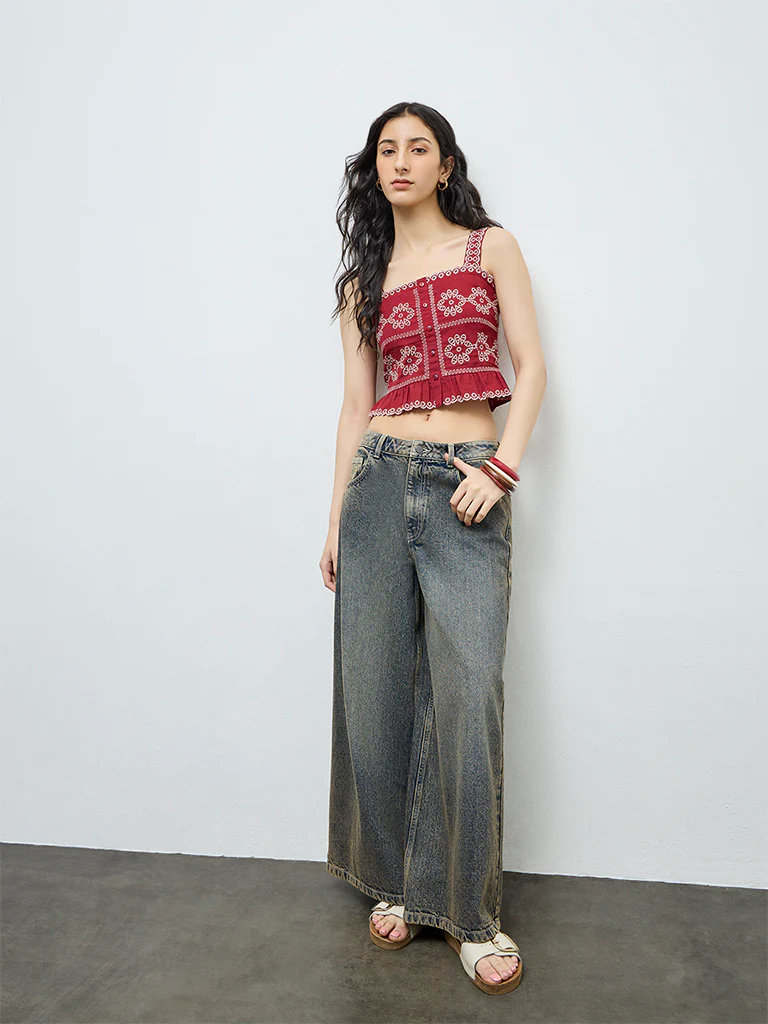 Bombay Paisley Red Embroidered Cotton-Blend Top