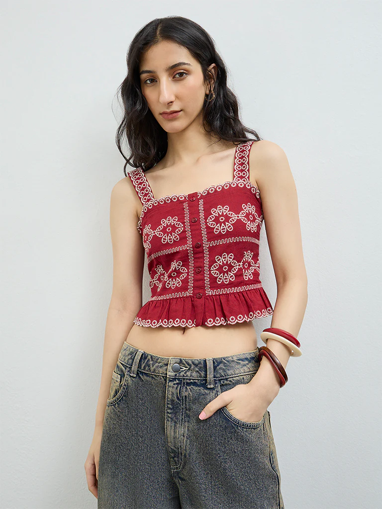 Bombay Paisley Red Embroidered Cotton-Blend Top - Image 2