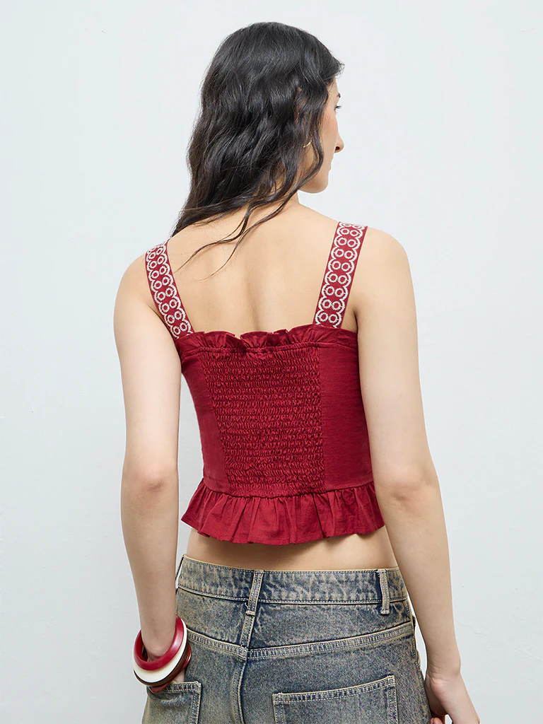 Bombay Paisley Red Embroidered Cotton-Blend Top - Image 4
