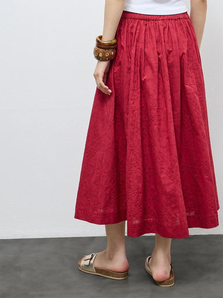 Bombay Paisley Red Embroidered Cotton Skirt - Image 4