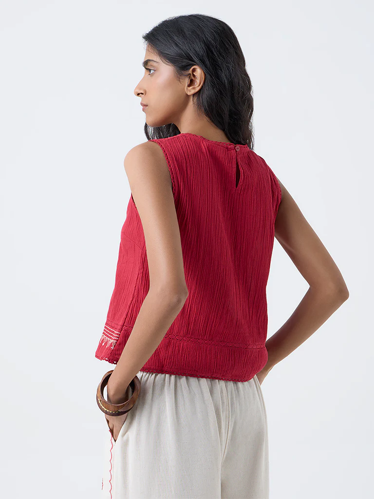 Bombay Paisley Red Embroidered Cotton Top - Image 4