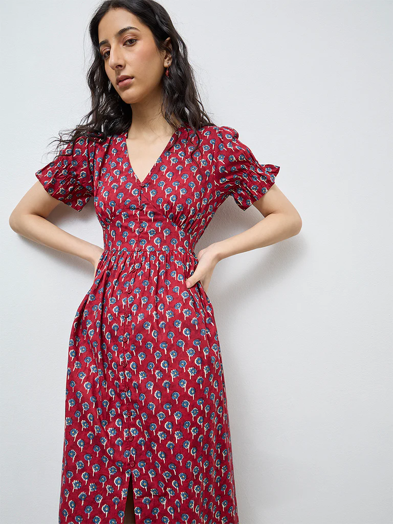 Bombay Paisley Red Floral Cotton A-Line Dress - Image 2