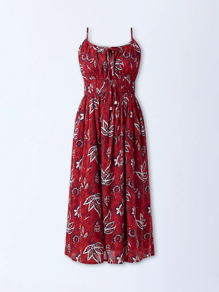 Bombay Paisley Red Floral Design Cotton A-Line Dress - Image 5