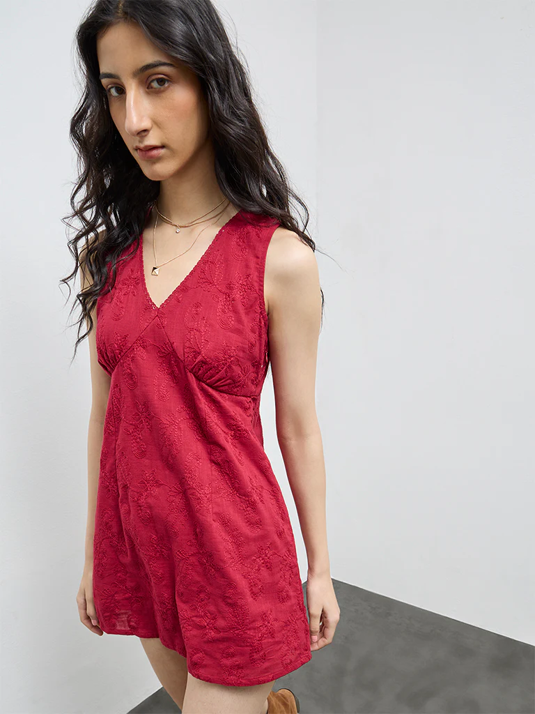 Bombay Paisley Red Floral Embroidered Cotton Straight Dress - Image 2