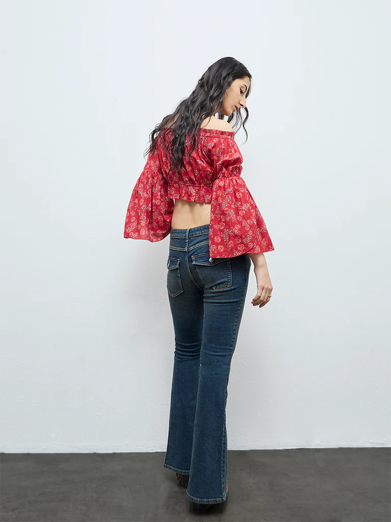 Bombay Paisley Red Floral Off-Shoulder Cotton Top - Image 3