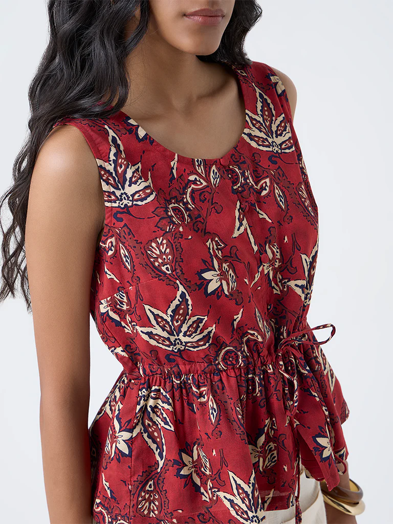 Bombay Paisley Red Floral Pattern Cotton Top - Image 3