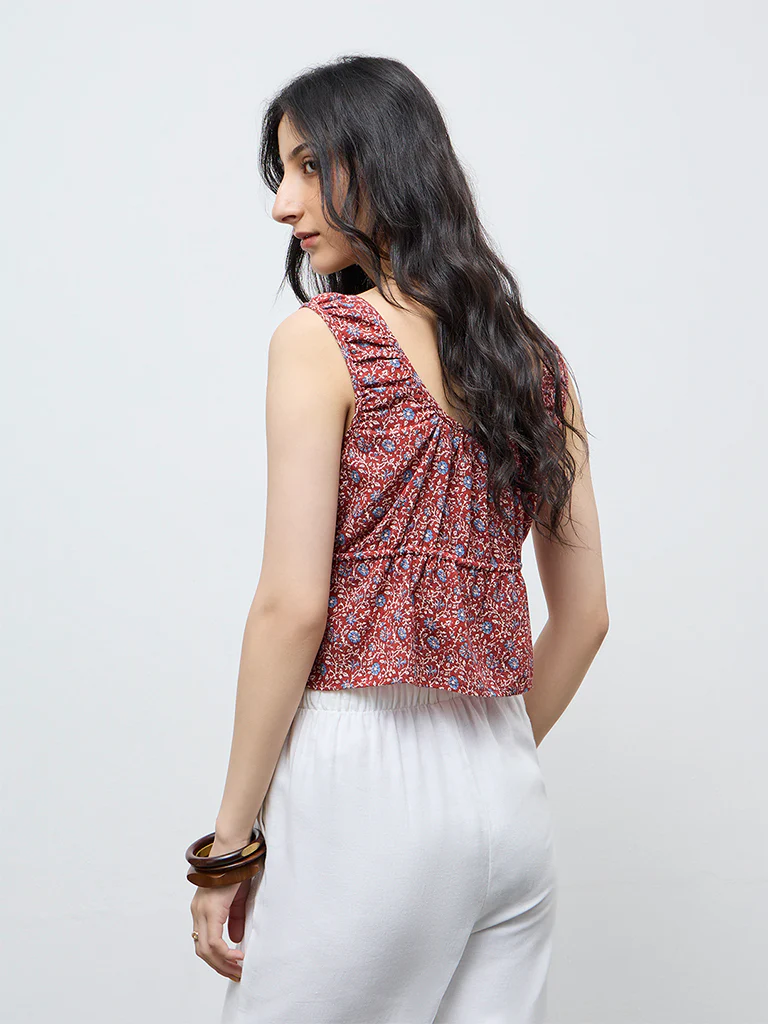 Bombay Paisley Red Floral Pattern Tie-Up Cotton Top - Image 4