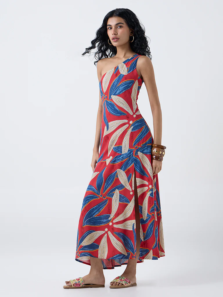 Bombay Paisley Red Foliage Pattern One-Shoulder Dress - Image 2