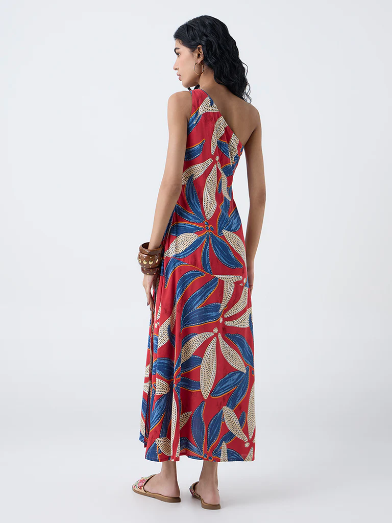 Bombay Paisley Red Foliage Pattern One-Shoulder Dress - Image 4