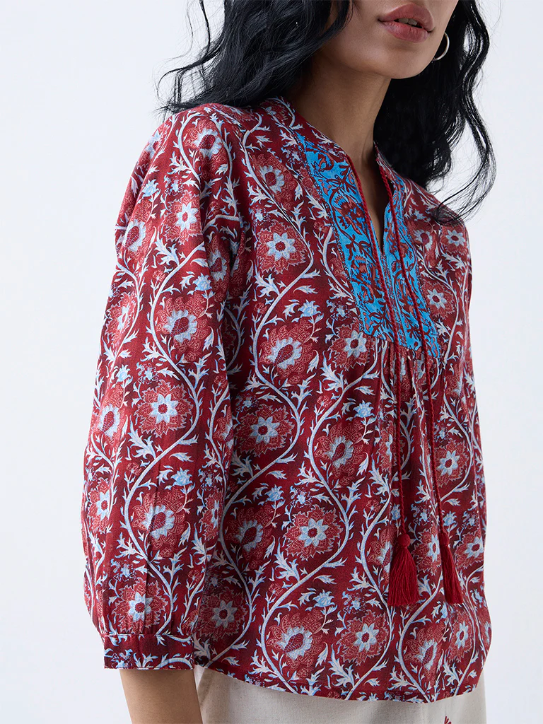 Bombay Paisley Red Foliage Printed Cotton Top - Image 3
