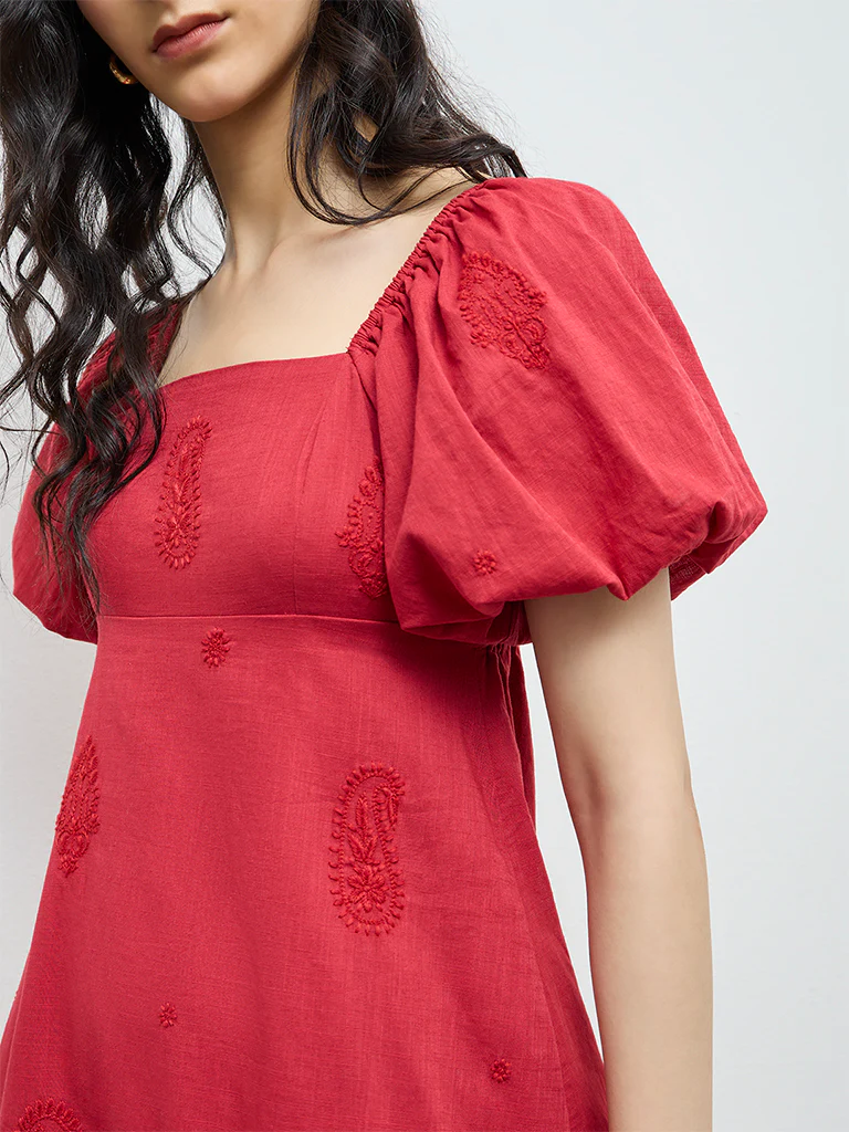 Bombay Paisley Red Paisley Embroidered Cotton A-Line Dress - Image 3