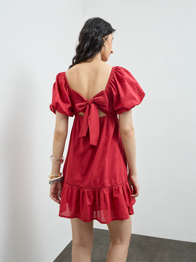Bombay Paisley Red Paisley Embroidered Cotton A-Line Dress - Image 4