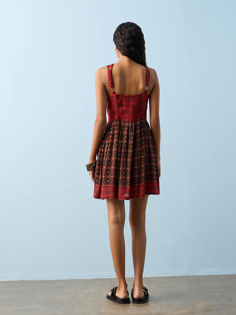 Bombay Paisley Red Printed Cotton A-Line Dress - Image 4
