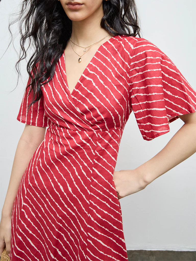 Bombay Paisley Red Striped Cotton A-Line Dress - Image 3