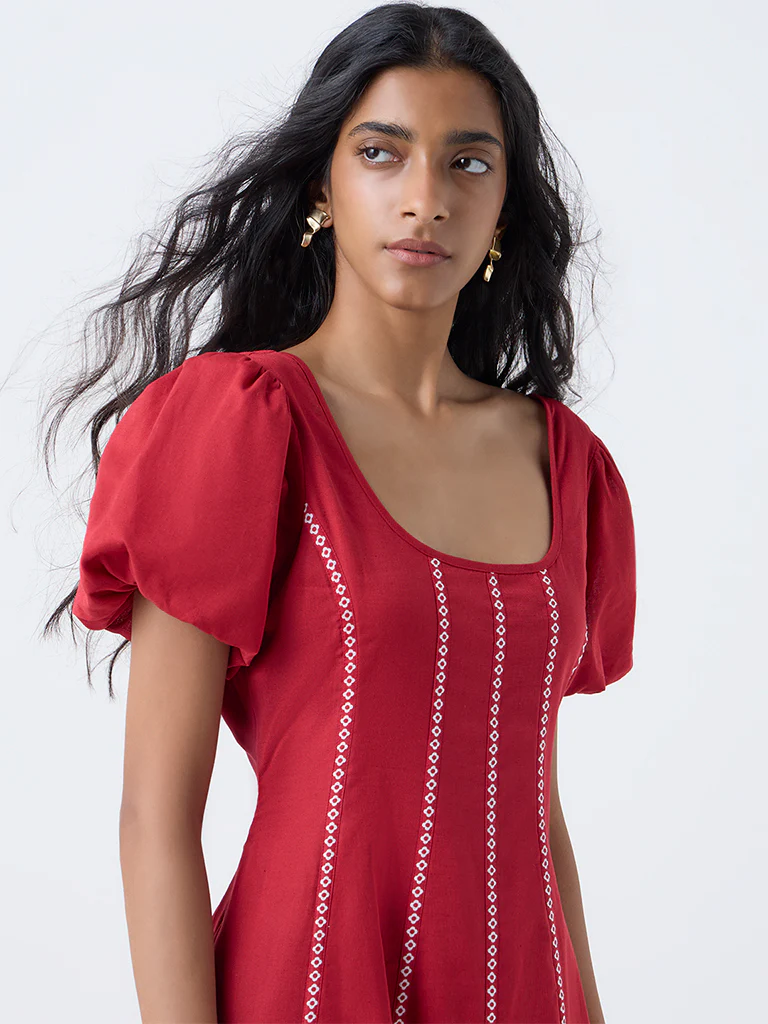 Bombay Paisley Red Striped Cotton-Blend A-Line Dress - Image 3
