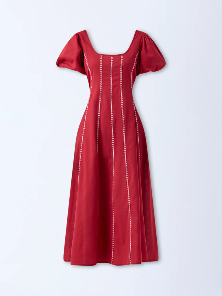 Bombay Paisley Red Striped Cotton-Blend A-Line Dress - Image 5