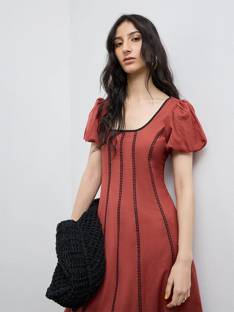 Bombay Paisley Red Striped Cotton-Blend A-Line Dress - Image 3