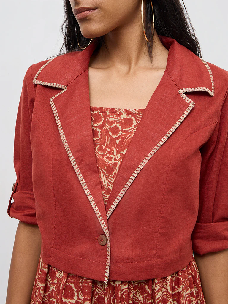 Bombay Paisley Rust Cotton Tiered Dress with Jacket Set - Image 3