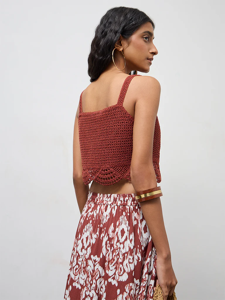 Bombay Paisley Rust Crochet Embroidered Cotton-Blend Top - Image 4