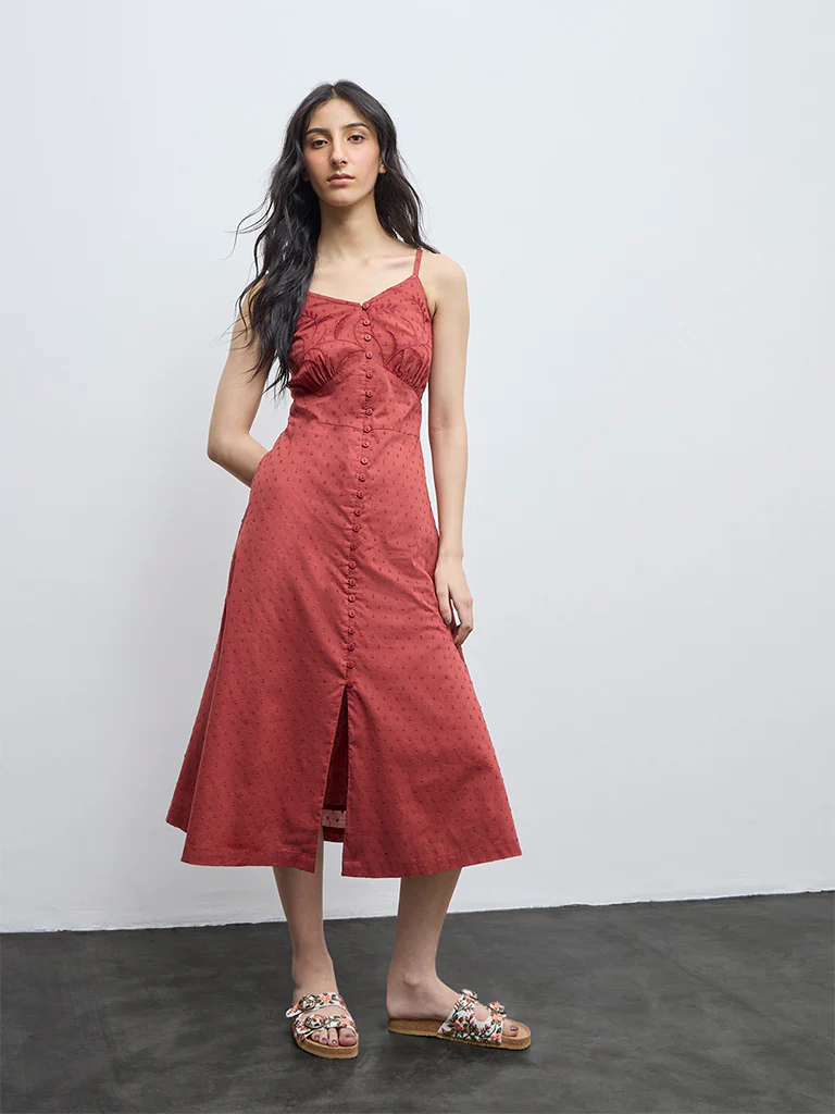 Bombay Paisley Rust Embroidered A-Line Cotton Dress - Image 2